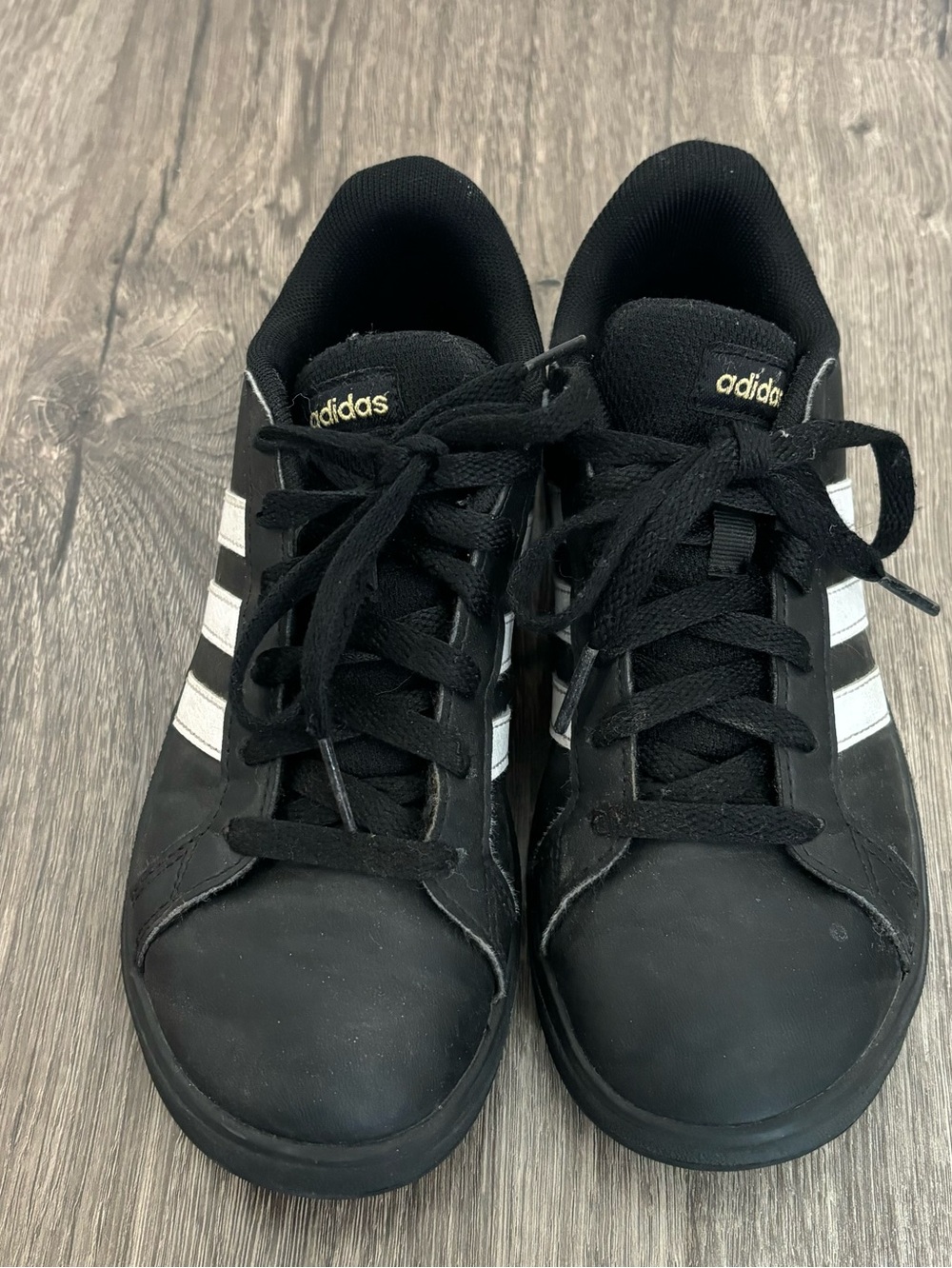 adidas Black Sneakers with White Stripes and Gold Logo little boy size 2